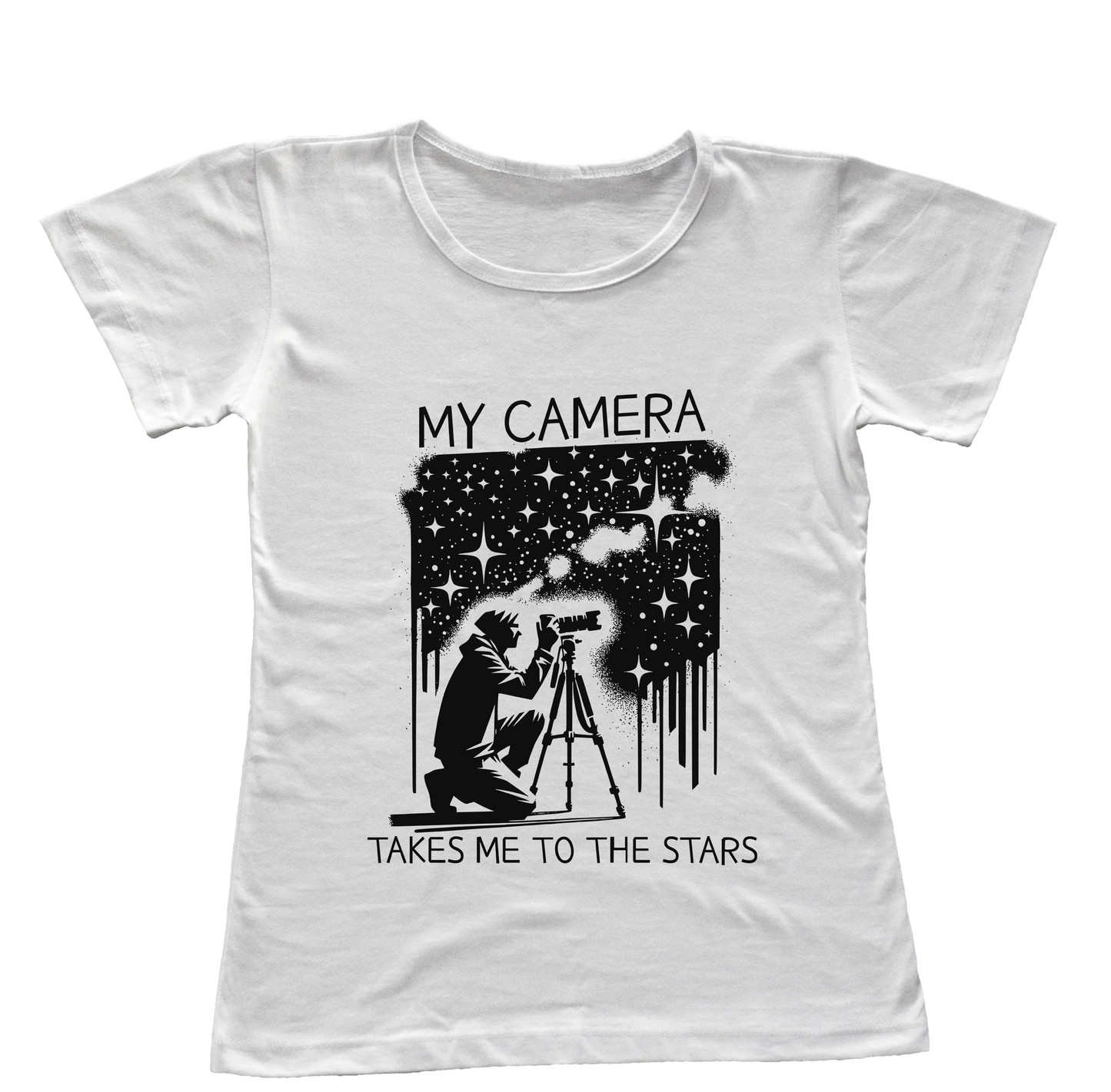 Camiseta Babylook Minha Câmera Me Leva Até as Estrelas