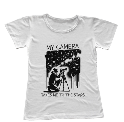 Camiseta Babylook Minha Câmera Me Leva Até as Estrelas