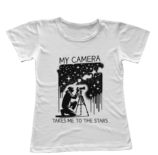 Camiseta Babylook Minha Câmera Me Leva Até as Estrelas