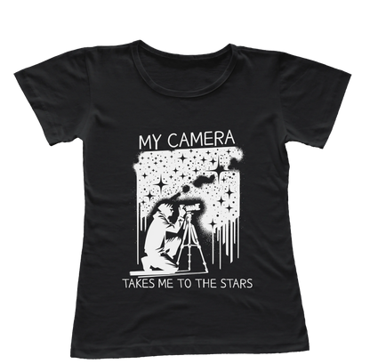 Camiseta Babylook Minha Câmera Me Leva Até as Estrelas