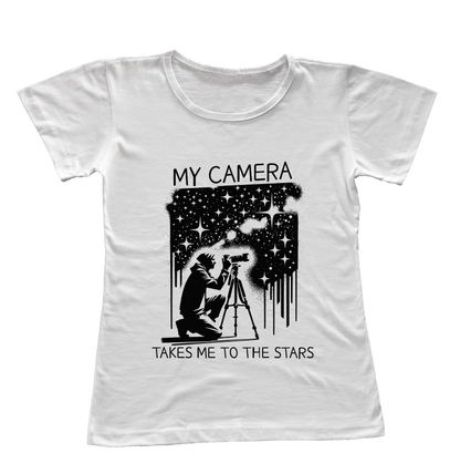 Camiseta Babylook Minha Câmera Me Leva Até as Estrelas