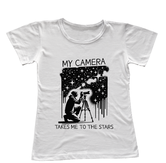 Camiseta Babylook Minha Câmera Me Leva Até as Estrelas