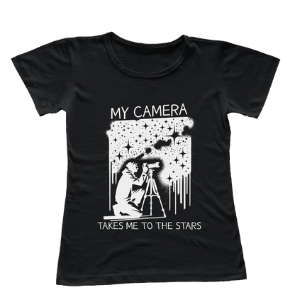 Camiseta Babylook Minha Câmera Me Leva Até as Estrelas