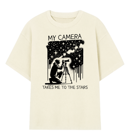 Camiseta Oversized Minha Câmera Me Leva Até as Estrelas